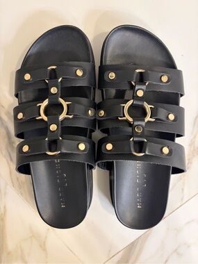 Marc Fisher Leather Black Triple-Strap Slide Sandals with Gold Rings